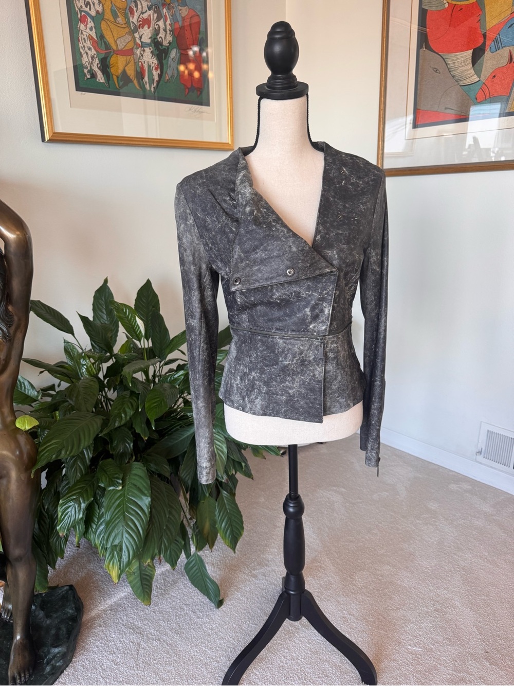 blanc noir Distressed Gray Asymmetrical Moto Jacket